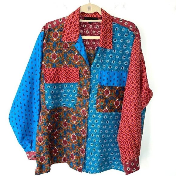 Carole Little Mixed Print Silk Shirt Womens Size 10 Vintage 90s Button Front - Picture 9 of 10